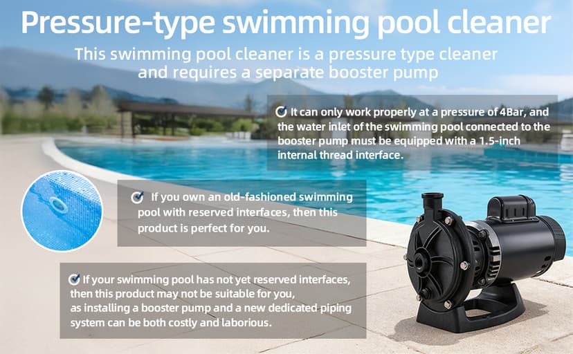 MAKHOON Upgrade Pool Pressure Side Sweeper: Professional Solution for Cleaning Your Swimming Pool (Four Wheels are Better Than Three) Need 1.5" Female Thread Pool Booster Pump Inlet, 4 Bar Pressure