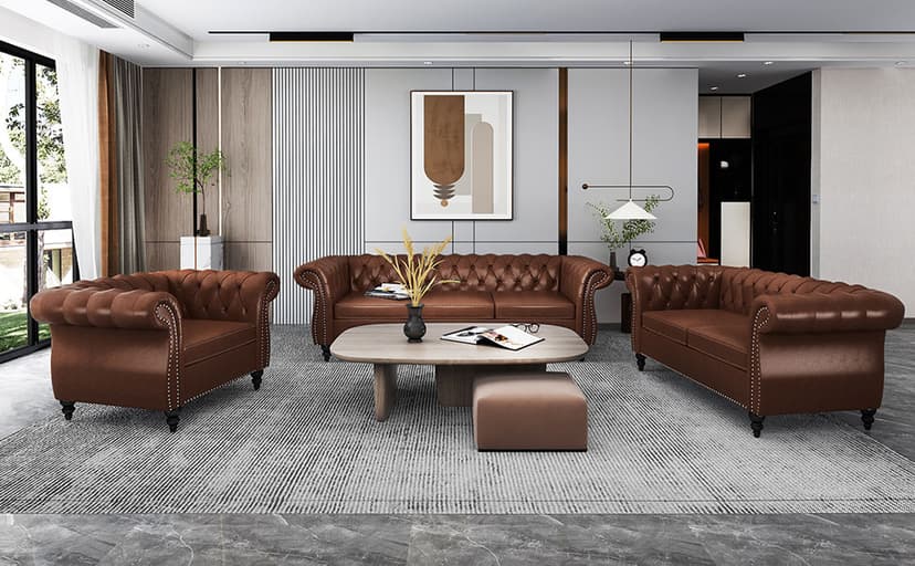 ORRD 3 Piece Living Room Set, Chesterfield Leather Sofa Loveseat Couch Chair with Scroll Arms and Nailhead for Living Room, Office (Dark Brown)