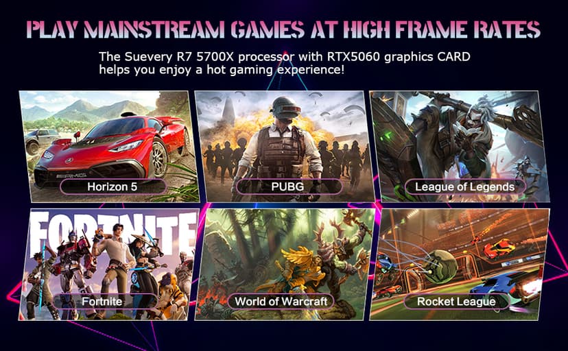 suevery High End Desktop Computer | Ryzen 7 5700X + RTX 5060 8G | 32GB DDR4 + 1TB SSD | WIFI6| Streaming Office VR Home Video 5K Editing Gaming PC