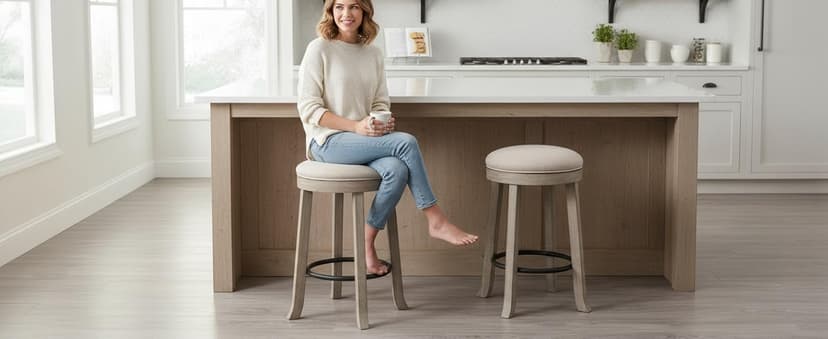LukeAlon Mid Century Linen Counter Stools Set of 3, Upholstered 26.5" Seat Height Low Barstools with Natural Wood Legs Round Low Back Kitchen Stools with Footrest for Dining Room, Beige