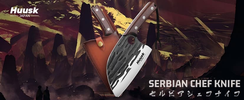 Heavy Duty Serbian Chef Knife for Meat & Bone Cutting, Full Tang Ergonomic Wood Handle, BBQ Camping Gift for Men & Dad Huusk Meat Cleaver Knife with Sheath, Hand Forged Chopping Butcher Knives B0BCVZGPVM