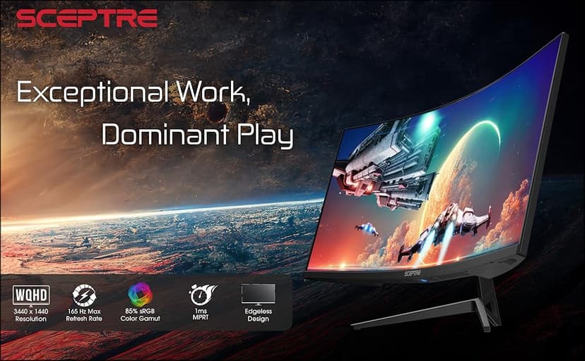 Sceptre 34-Inch Curved Ultrawide WQHD Monitor (3440 × 1440), R1500, up to 180Hz/165Hz, DisplayPort x2, 99% sRGB, 1ms, Built-in Speakers, Machine Black, 2025 (C345B-QUT168)
