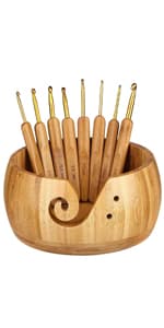 Wooden Yarn Bowl Holder, Craft Knitting Bowl with 8pcs Metal Crochet Hooks, 7.9''Large Yarn Holder Dispenser Yarn Storage Bowls, for Knitters & Crocheters (Bamboo 7.9 inch)