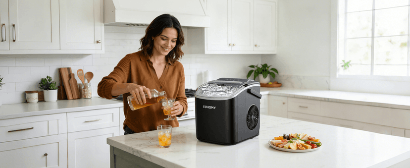 EUHOMY Countertop Ice Maker Machine with Handle, 26lbs in 24Hrs, 9 Ice Cubes Ready in 6 Mins, Auto-Cleaning Portable Ice Maker with Basket and Scoop, for Home/Kitchen/Camping/RV. (Black)