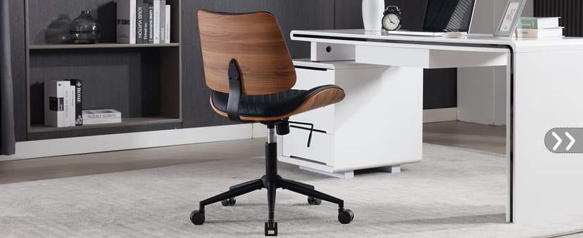 Home Office Chair No Arms with Wheels, Adjustable Height Small Desk Chair, PU Leather Mid Back 360 Swivel Computer Chair, Armless Modern Walnut Chair for Office, Reading Meeting Room(Black)