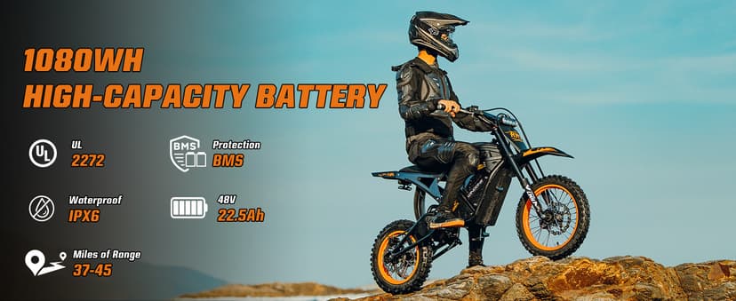 Windone RM7 Electric Dirt Bike for Teens & Adults, 2200W Peak Ebike, 48V 22.5Ah, 37MPH & 45-Mile Electric Motorcycle, 14"/12" Off-Road Tire E-Bike, Dual Hydraulic Brakes, Full Suspension, Fit Age 13+