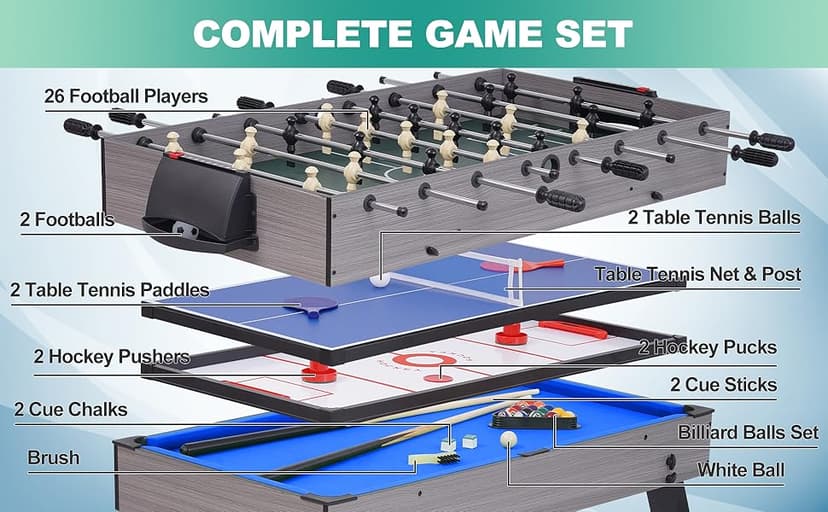 RAYKEEP Foldable Multi Game Table, 4-in-1 Combo Game Table Set with Ping Pong, Hockey, Pool Billiards and Foosball for Adults, Home, Game Room, Friends & Family