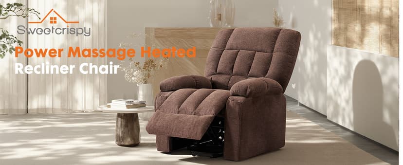 Sweetcrispy Power Lift Recliner Chair with Vibration Massage and Heat for Adults, Ergonomic Overstuffed Breathable Fabric Reclining Chair with Side Pockets, Remote Control, Living Room, Bedroom, Brown