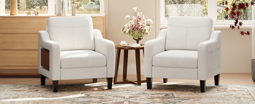 Accent Chair for Living Room Modern Linen Upholstered Armchair Side Wooden Fabric Sofa Chair with Foldable Table 2 Side Pockets Comfy Reading Chair for Bedroom