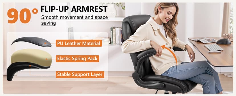 BESTFAIR Office Chair, Ergonomic Computer Desk Chairs with Lumbar Support for Lower Back Pain Relief, Executive Leather Home Chair Comfy with Padded Flip-up Armrests, Black
