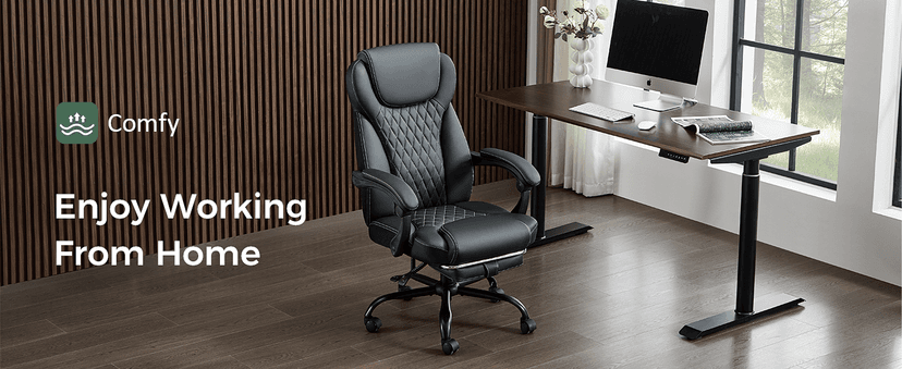 amseatec Office Chair, Big and Tall Office Chair with Foot Rest Ergonomic Chair for Home Desk, Reclining High Back Leather Chairs with Lumbar Support(Black)