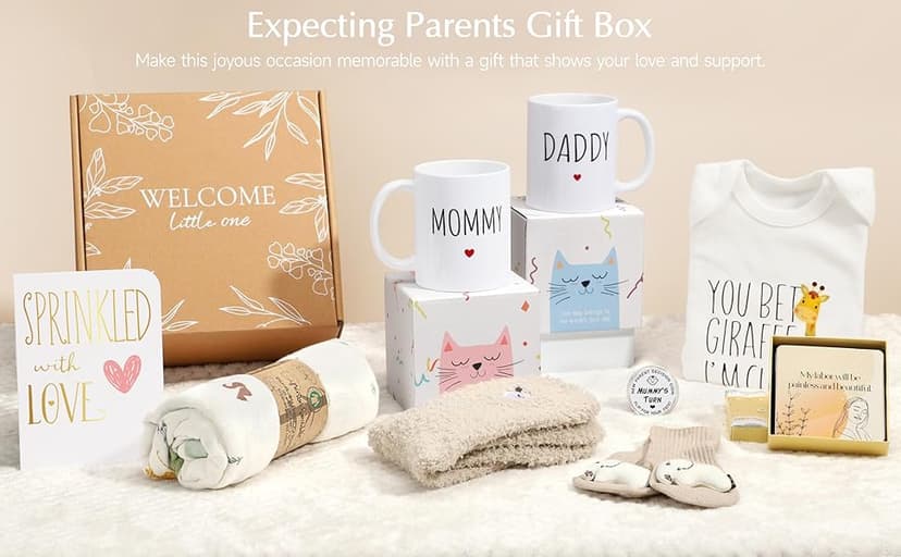 New Mom Gifts for Women, 9pcs Pregnancy Gifts for Expecting Mom, Cute Baby Gifts New Parents Gifts for Couples w/Mom and Dad Mugs for Gender Reveal Baby Shower First Time Mom to be Gifts(Khaki)