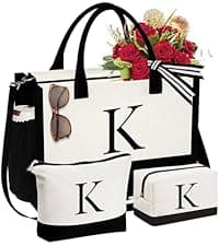 YOOLIFE Initial Canvas Tote Bag & Makeup Bag, Birthday Gifts for Women Mom Sister Friends, Bridesmaid Wedding Gifts