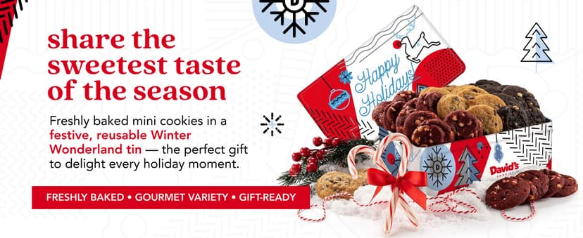 David's Cookies Christmas Cookies Gift Box - Fresh Baked Assorted Mini Cookies in Winterwonderland Tin with Chocolate Chip, White Chocolate Chip & Red Velvet - Gourmet Holiday Food Gift Basket