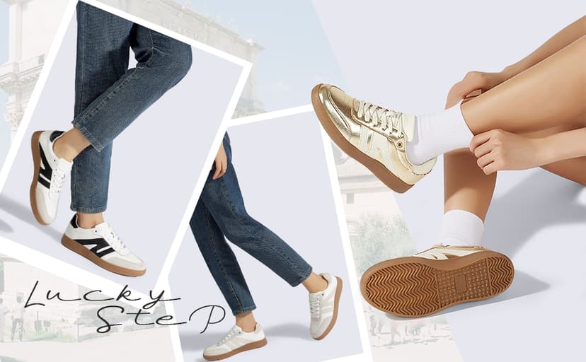 LUCKY STEP Women Classic Retro Gum Sole Fashion Sneakers Casual Tennis Skate Shoe Genuine Leather Walking Footwear Anti Slip Trainers