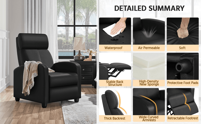 Yaheetech 2-Seat Reclining Chair Leather Recliner Sofa Modern Chaise Couch Lounger Sofa for Living Room Home Theater Black