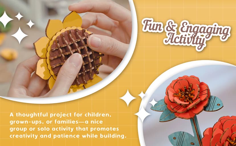 Hands Craft Hello Kitty and Friends Pink Rose 3D Wooden Puzzle Kit | DIY Flower Model | Arts & Crafts for Adults & Kids | Creative Hobby Kits | Hello Kitty Collectible | Wood Building Set