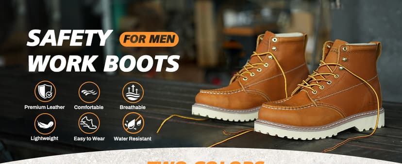 SAFETY LOONG Moc Toe Work Boots for Men Soft Toe Comfortable Full-Grain Leather 6" Non Slip and Water Resistant Safety Ankle Workboots