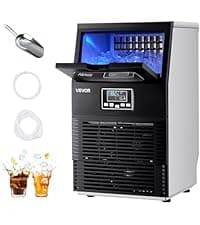 VEVOR Commercial Ice Maker Machine, 130Lbs/24H with 33Lbs Storage, 45 Cubes per Cycle, Stainless Steel Freestanding & Under Counter Ice Maker with LED Display & Self-Cleaning, for Home Bar Restaurant