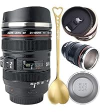 Camera Lens Coffee Mug with Slider Lid and Spoon– Realistic DSLR Thermos Cup, Novelty Gift for Photographers, Men & Women