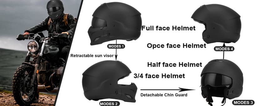 Full Face Motorcycle Helmet for Unisex-Adult Dirt Bike ATV Scooter Cruiser 3/4 Face Motocross Helmet Interchangeable Mouth Cover DOT Approved