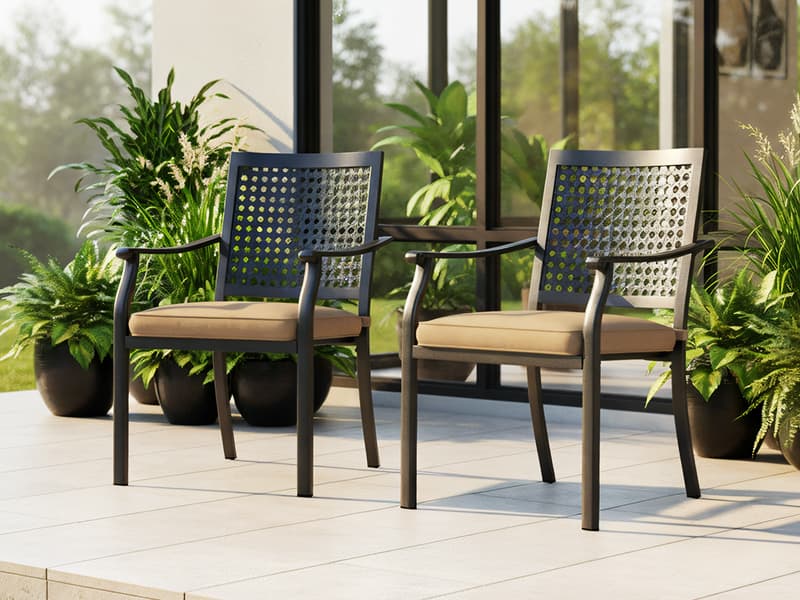 PHI VILLA 5 Pieces Outdoor Dining Set for 4 with Umbrella, 42" Large Round Metal Steel Table & Stackable Iron Chairs with Cushions & 10ft Beige Umbrella, Modern Furniture for Patio, Deck, Yard, Porch