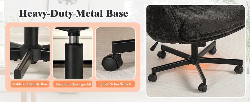 Criss Cross Chair with Wheels & Arms, Chenille Cross Legged Office Chair with 5-level Folding Armrest, Comfortable Adjustable Swivel Vanity Chair for Home, Make Up, Bed Room, Office, Accent (Black).