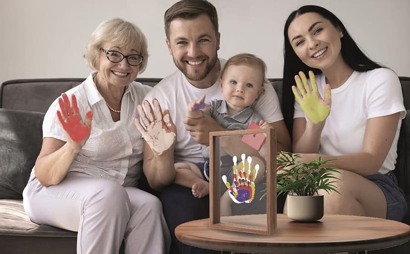 Family Handprint Kit, DIY Craft Keepsake Wooden Frame, Endless Gift Set, Non-Toxic Paints, Transparent Sheets (Brown)
