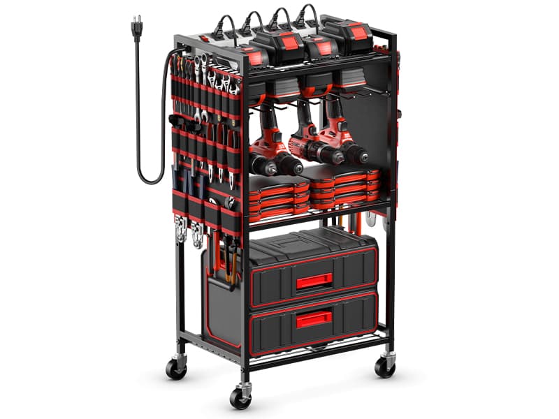 Floor Standing, Large Garage Rolling Storage Cart on Wheels, Heavy Duty Drill Battery Storage Rack, with 8 Outlet Power Strip JUNNUJ Power Tool Organizer Cart with Charging Station, 6 FT Cord, Red B0D1QVKWGH