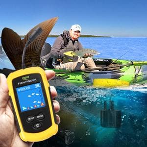 LUCKY Kayak Portable Fish Depth Finder Water Handheld Fish Finder Sonar Castable Kayak Boat Fishfinder Transducer Fishing LCD Display FFC1108