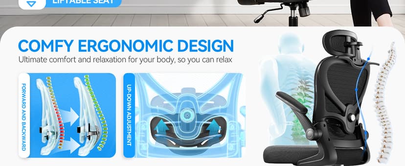 Freepub Ergonomic Office Chair with Headrest 3D, Mesh Office Desk Chair with Adjustable Lumbar Support, Computer Chair with Flip up Armrests, 350LBS Capacity - Design for Home/Offices - Black