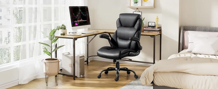 Brage Living 400LBS Big and Tall Office Chair, Heavy Duty Leather Executive Desk Chair with Padded Flip-up Arms, Swivel Rolling Computer Chair for Home Office, Black
