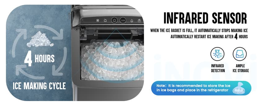 inoviva Nugget Ice Maker Countertop, 40lbs/24H Soft Chewable Pellet Ice Machine with Self-Cleaning, Sonic Ice Maker for Home Kitchen, Office - Black Stainless