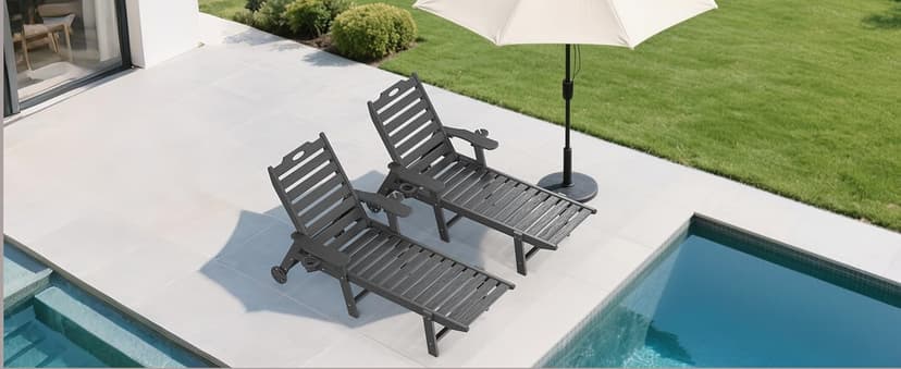 Carauci Lounge Chair Outdoor Set of 2, HDPE Chaise Lounge with Wheels, 5-Position Adjustable Backrest & 2 Cup Holders Patio Lounge Chair, All-Weather Pool Sun Lounger for Poolside, Backyard, Black