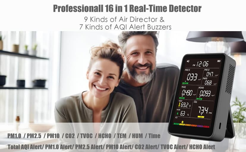 Professional Indoor Air Quality Monitor with AQI Alerts, Portable Real-Time Detector for Home, Car, Plants & Pet (Black)