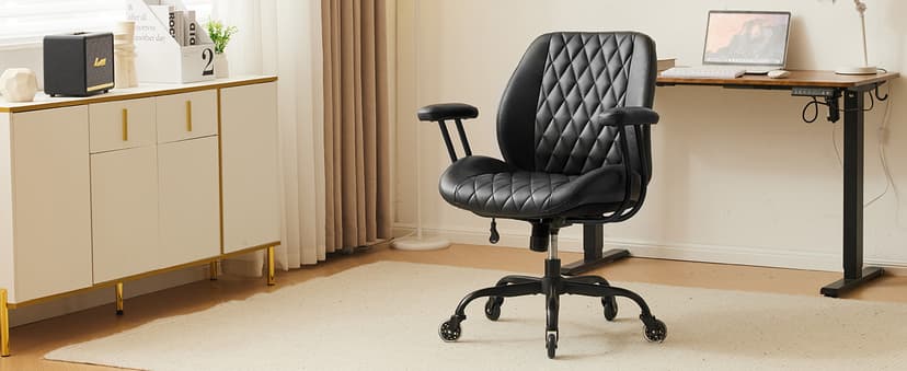 YFO Home Office Desk Chair Office Rubber Casters Ergonomic Computer Chair with Lumbar Support Adjustable Height Rolling Swivel Executive Task Armrests Chair, Black PU