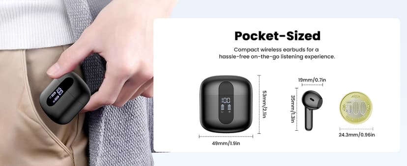 Haqquio Wireless Earbuds, Bluetooth Headphones with Deep Bass Stereo, 48H Playback Ear Buds with LED Power Display, Lightweight, IPX7, in-Ear Earphones with Mic for iPhone/Android/iPad, Black