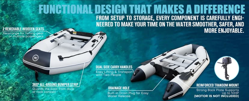 Inflatable Dinghy Boat with Drop-Stitch Floor 10ft Portable Inflatable Boat for 3-4 Adults, Motor Compatible, Heavy-Duty PVC, Ideal for Fishing, Cruising, and Rescue Use