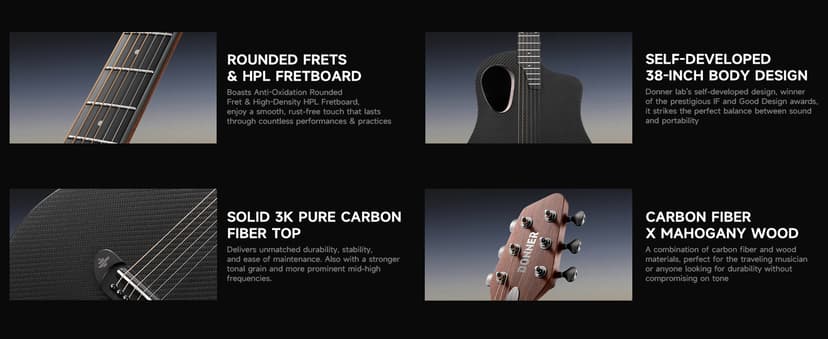 Donner Acoustic Guitar Kits for Beginners & Intermediate Learners - 38" Travel Guitar with Carbon Fiber Top, Wooden Back & Sides, Case, Strap, Steel-Strings, RISING-G1 (Gloss, Brown)