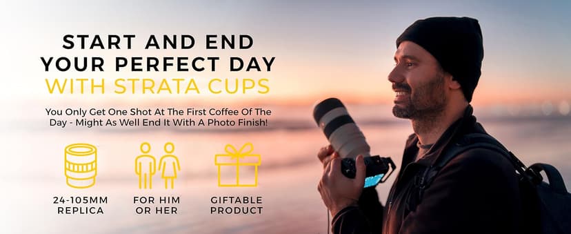 STRATA CUPS Camera Lens Coffee Mug -13.5oz | (2 LIDS + SPOON + BAG) Gift for Him, Dad Gifts, Photography, Camera accessories, Novelty Gifts