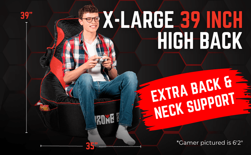 Throne Boss Gaming Bean Bag Chair Cover for Adults with High Back, Red – Large Floor Gaming Chair Cover, Easy to Clean Fabric, Large Pockets, Headphone Hanger, Requires 350 Liters Polystyrene Beans