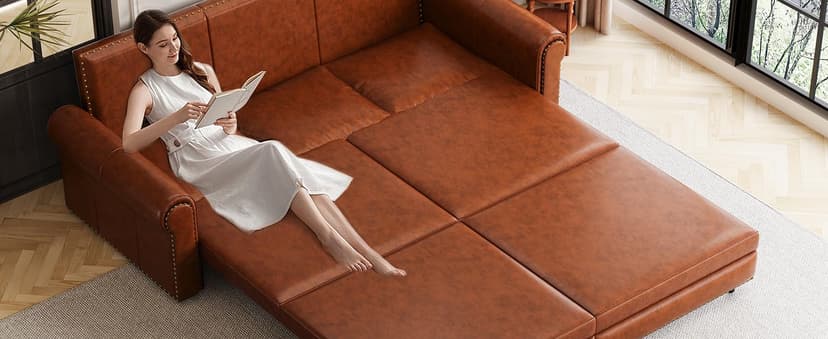 LuxyHoom 93.7" King Size Sleeper Sofa Bed, Pull Out Sofa Bed, Faux Leather Upholstery, 3 in 1 Convertible Sleeper Couch, Chaise Lounge, Retro Recliner for Living Room, Office, Apartment, Dark Brown