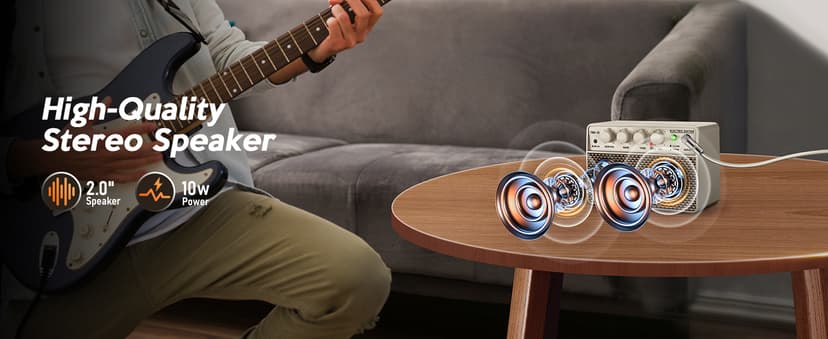 Flatsons FBA-10 Guitar Amp, 10W Mini Electric Guitar Amplifier with Clean/Drive Channel, 6H Work, USB-C Rechargeable, 3.5mm Headphone/AUX, Wireless Portable Amp for Indoor Practice, Travel (White)