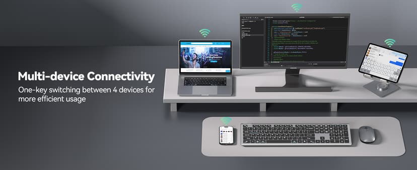 TECKNET Bluetooth Keyboard Rechargeable, 4-Device Free Switching (2.4G+BT), Ultra-Slim Full Size Wireless Keyboard, Quiet Typing, for PC/Laptop/Smart TV/Phone, Adjustable Stand, 12 Multimedia Keys