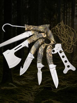 GVDV Hunting Knife Set - 14 Pieces, Portable Butcher Game Processing Kit for Men, Field Dressing Kit with Gut Hook Skinner Knife, Caping knife, Axe, Wood/Bone Saw, Spreader, Gloves, Gifts for Men