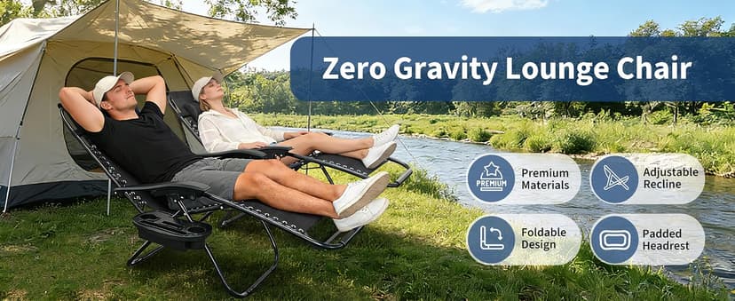 Garvee Zero Gravity Chair Set of 2, Patio Lounge Chair Outdoor with Pillow & Cup Holder Tray, Adjustable Reclining Chair, Folding Portable Camping Chair for Deck, Beach, Yard, Garden - Black