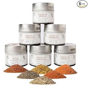 Gourmet World Flavors Seasoning Collection | Non GMO Verified | 6 Magnetic Tins | Spice Blends | Crafted in Small Batches by Gustus Vitae | #68