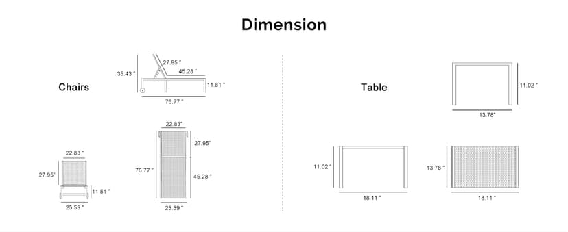 PURPLE LEAF Outdoor Chaise Lounge Chairs Set Recliner Adjustable Chair with Wheels and Table for Poolside Beach Patio Aluminum Reclining Sunbathing Lounger, Grey