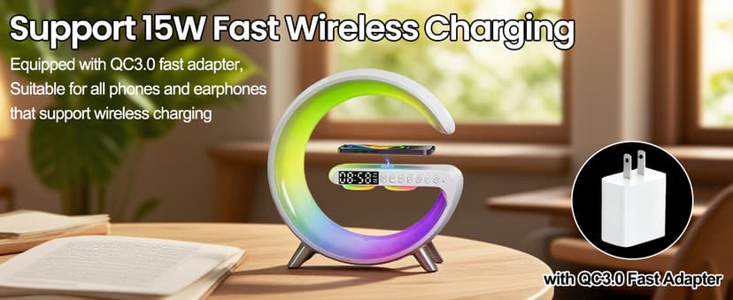 Smart LED Table Bedside Lamp with Bluetooth Speaker & App Control, 15W Fast Wireless Charging Station Dock, Sunrise Alarm Clock, Cool Night Light, for Bedroom, Home Decor, Birthday, Christmas Gifts