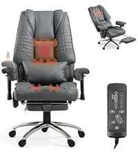 Massage Office Chair with Foot Rest, Ergonomic Executive Heated Office Chair with Reclining Backrest, Adjustable Arms and Lumbar Support, High Back Leather Desk Chairs for Home Office, Black